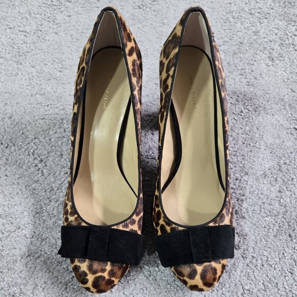 Ann Taylor Leopard Print Calf Hair Leather Round Toe Chunky Heel Pumps Bow - Picture 2 of 10